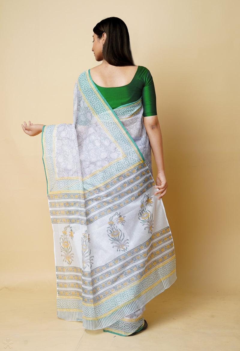 Grey Pure  Block Printed Kota Cotton Saree With Cotton Blouse Piece-UNM73270