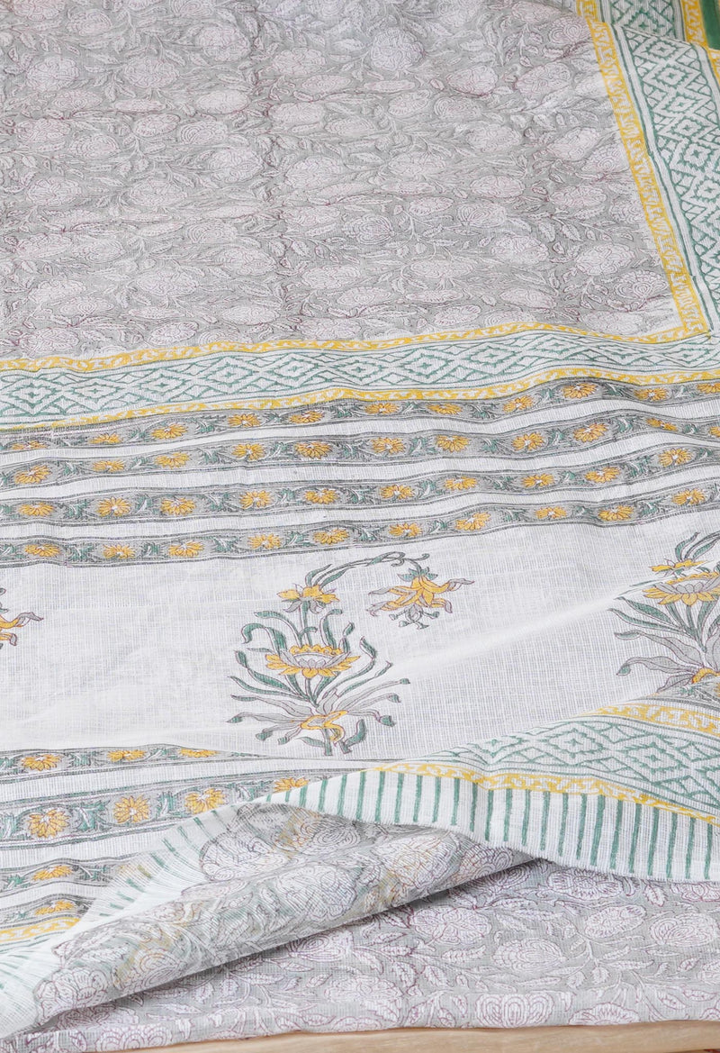 Grey Pure  Block Printed Kota Cotton Saree With Cotton Blouse Piece-UNM73270