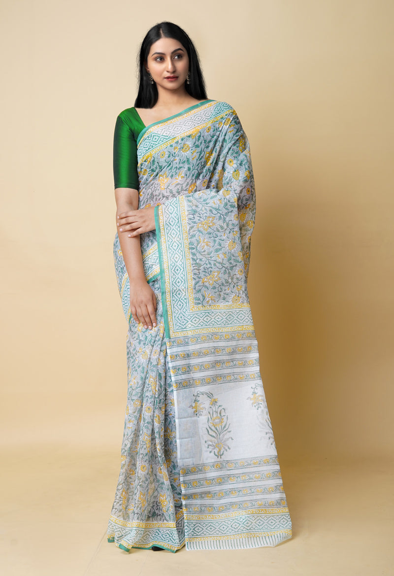 Grey Pure  Block Printed Kota Cotton Saree With Cotton Blouse Piece-UNM73276