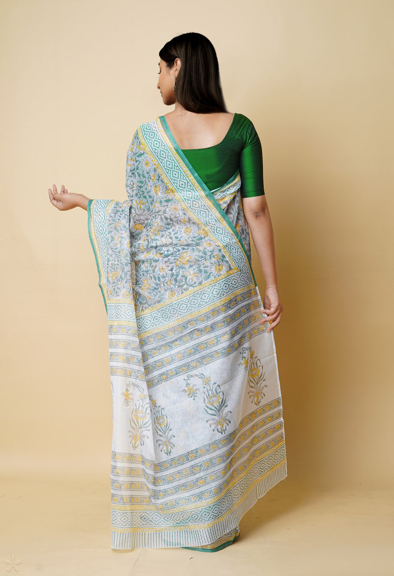 Grey Pure  Block Printed Kota Cotton Saree With Cotton Blouse Piece-UNM73276