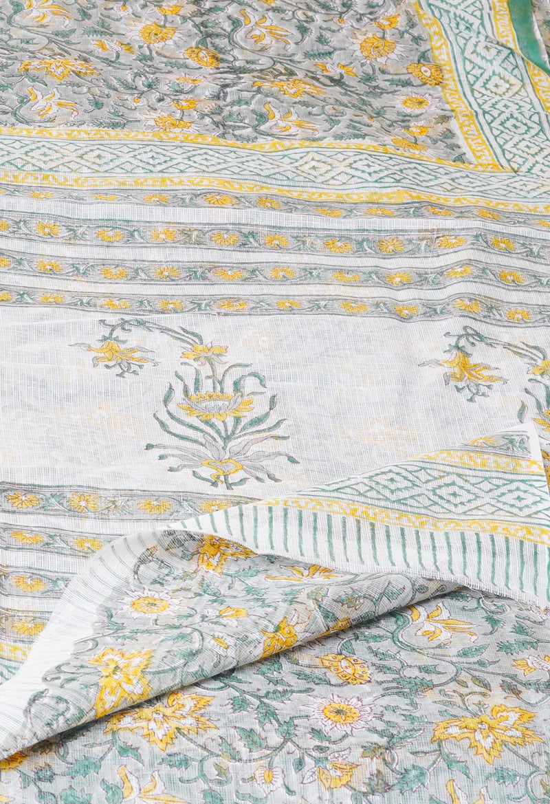Grey Pure  Block Printed Kota Cotton Saree With Cotton Blouse Piece-UNM73276