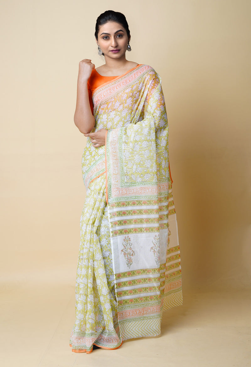 Green Pure  Block Printed Kota Cotton Saree With Cotton Blouse Piece-UNM73278