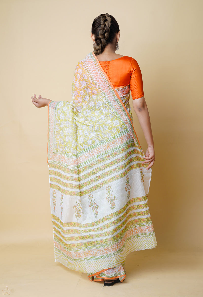 Green Pure  Block Printed Kota Cotton Saree With Cotton Blouse Piece-UNM73278