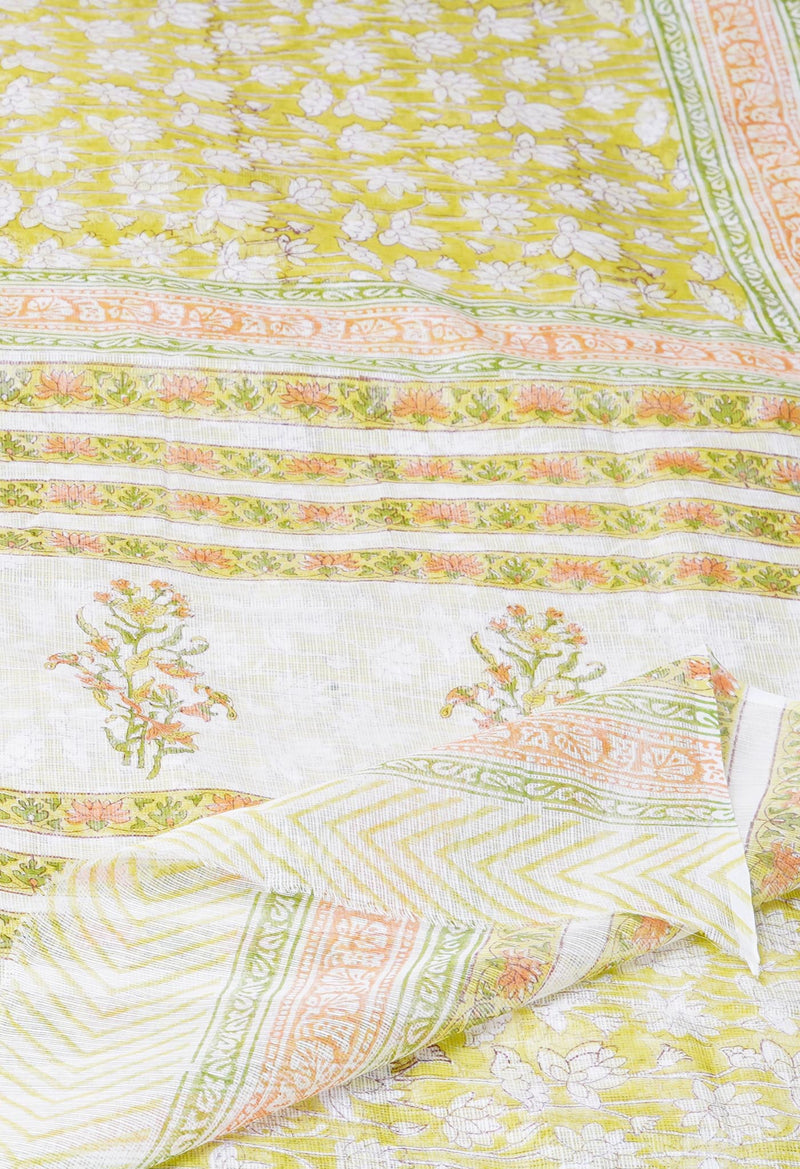 Green Pure  Block Printed Kota Cotton Saree With Cotton Blouse Piece-UNM73278