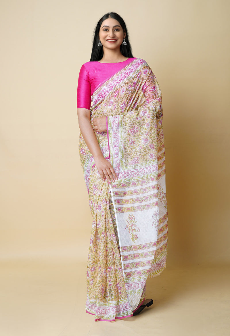 Cream Pure  Block Printed Kota Cotton Saree With Cotton Blouse Piece-UNM73279