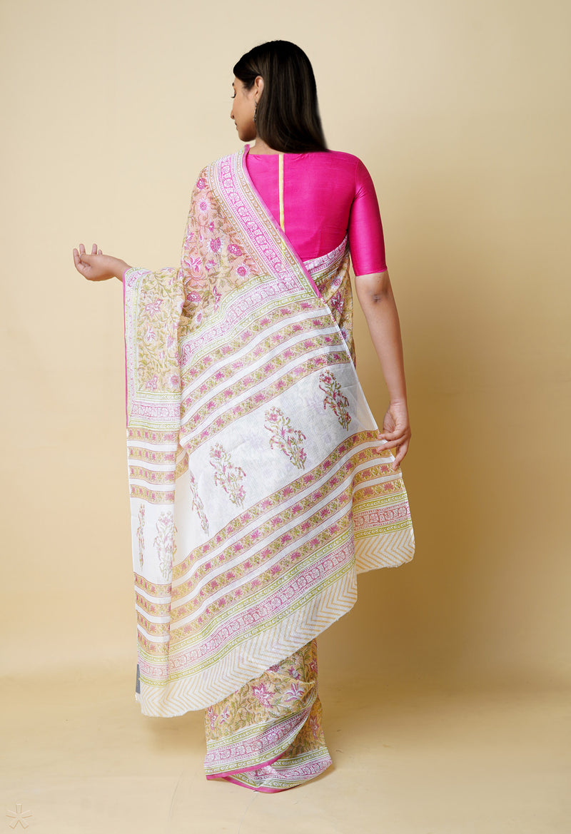 Cream Pure  Block Printed Kota Cotton Saree With Cotton Blouse Piece-UNM73279