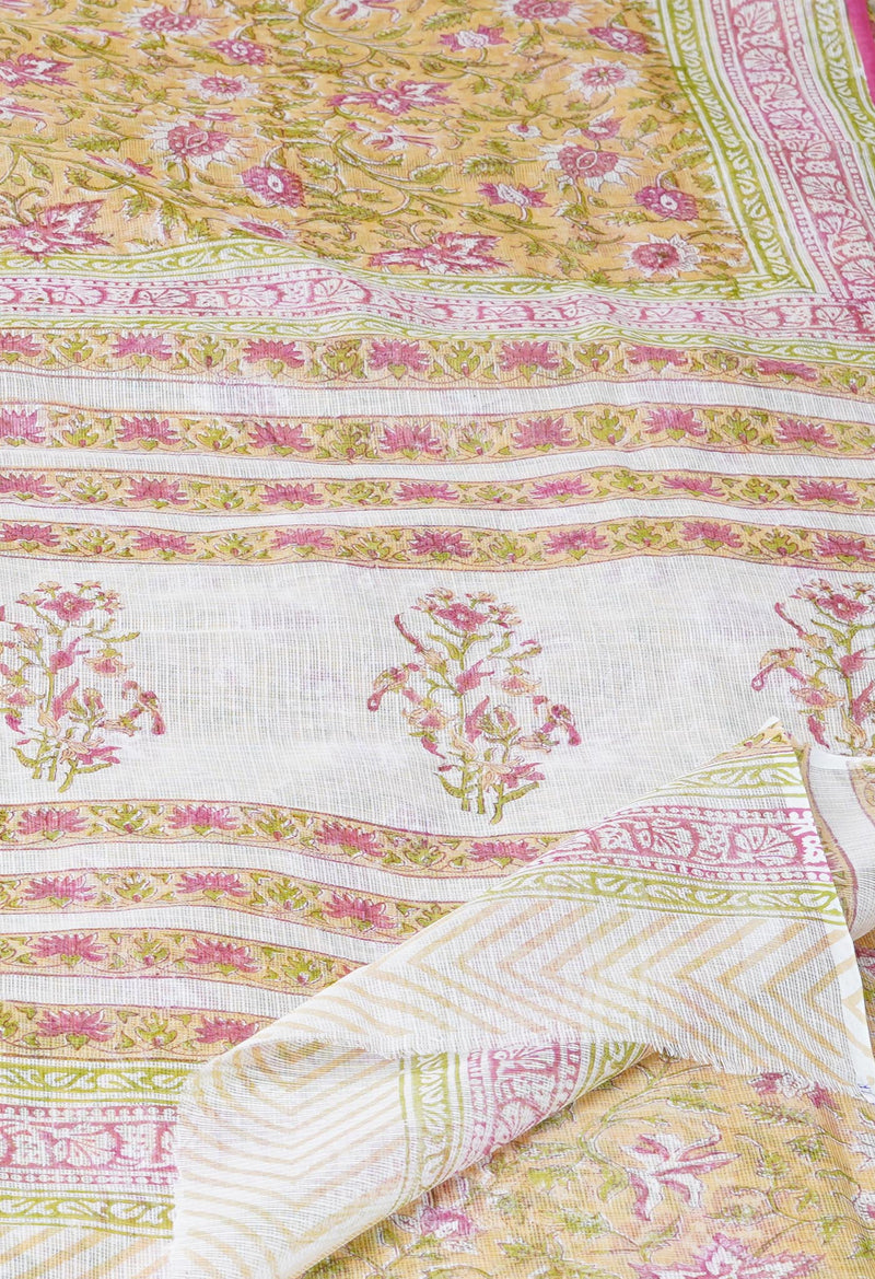 Cream Pure  Block Printed Kota Cotton Saree With Cotton Blouse Piece-UNM73279