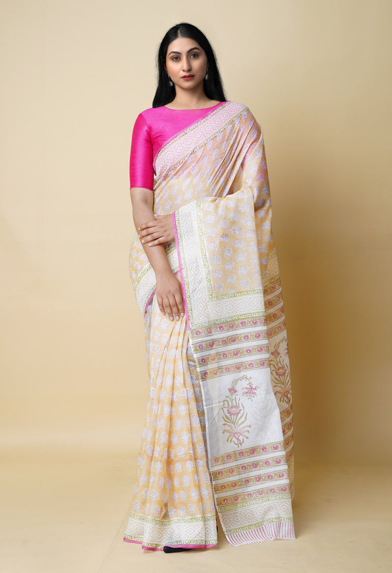 Cream Pure  Block Printed Kota Cotton Saree With Cotton Blouse Piece-UNM73280