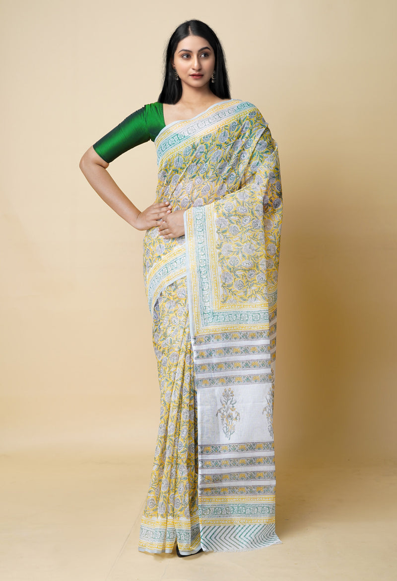 Yellow Pure  Block Printed Kota Cotton Saree With Cotton Blouse Piece-UNM73281
