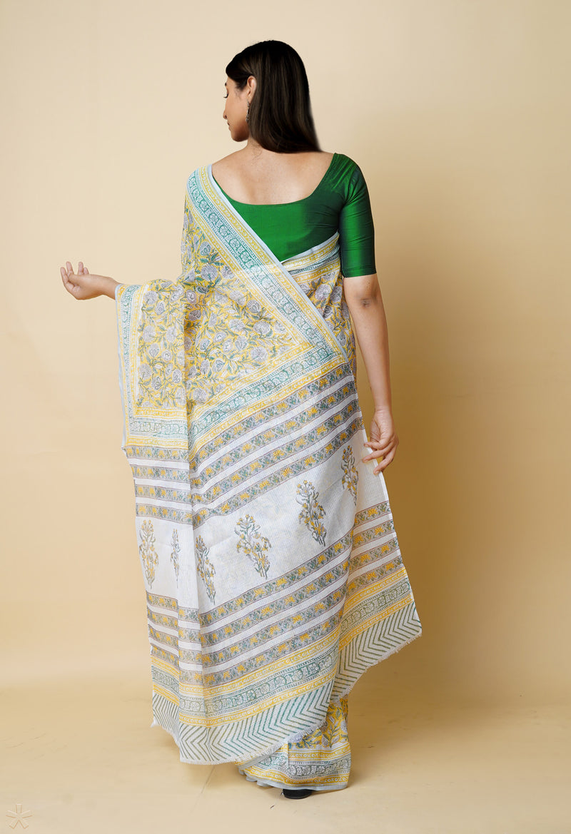 Yellow Pure  Block Printed Kota Cotton Saree With Cotton Blouse Piece-UNM73281