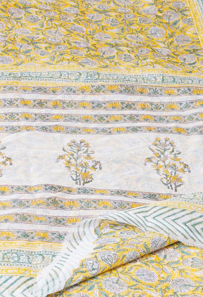 Yellow Pure  Block Printed Kota Cotton Saree With Cotton Blouse Piece-UNM73281
