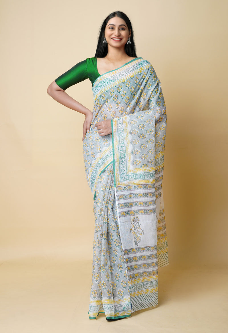 Grey Pure  Block Printed Kota Cotton Saree With Cotton Blouse Piece-UNM73283