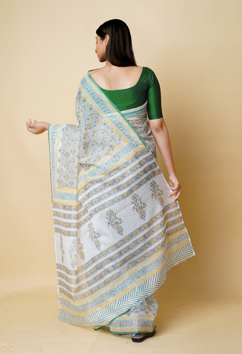 Grey Pure  Block Printed Kota Cotton Saree With Cotton Blouse Piece-UNM73283