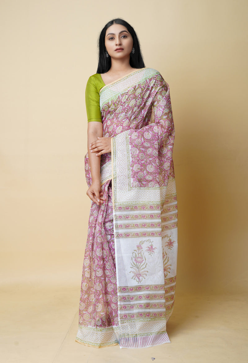 Pink Pure  Block Printed Kota Cotton Saree With Cotton Blouse Piece-UNM73285