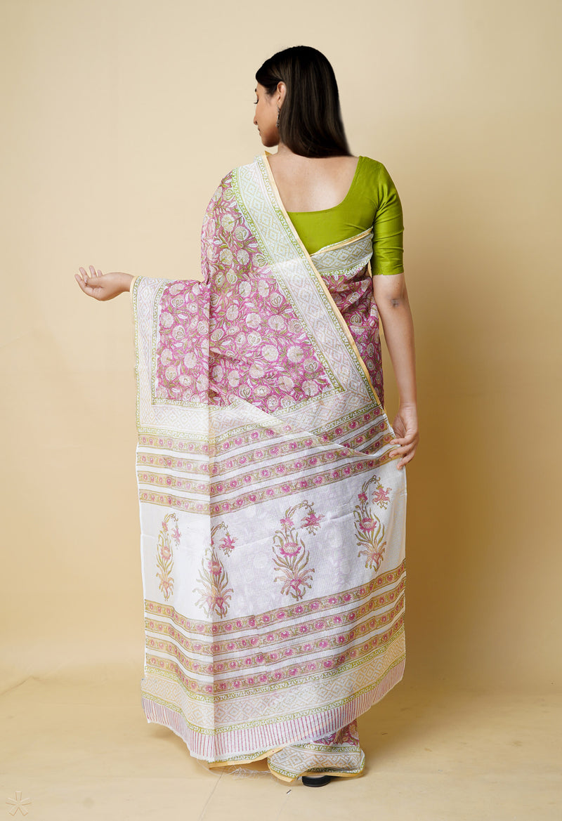 Pink Pure  Block Printed Kota Cotton Saree With Cotton Blouse Piece-UNM73285