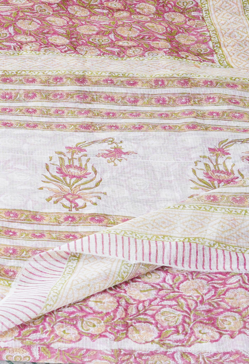 Pink Pure  Block Printed Kota Cotton Saree With Cotton Blouse Piece-UNM73285