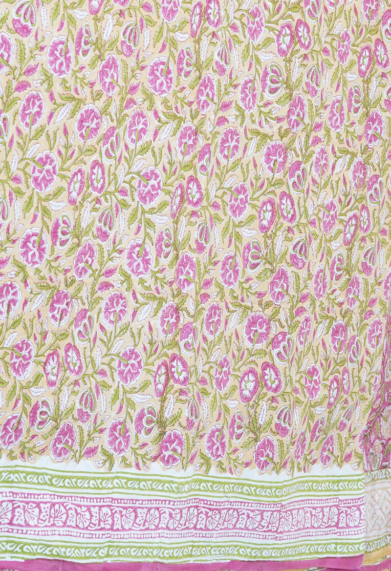 Pink Pure  Block Printed Kota Cotton Saree With Cotton Blouse Piece-UNM73285