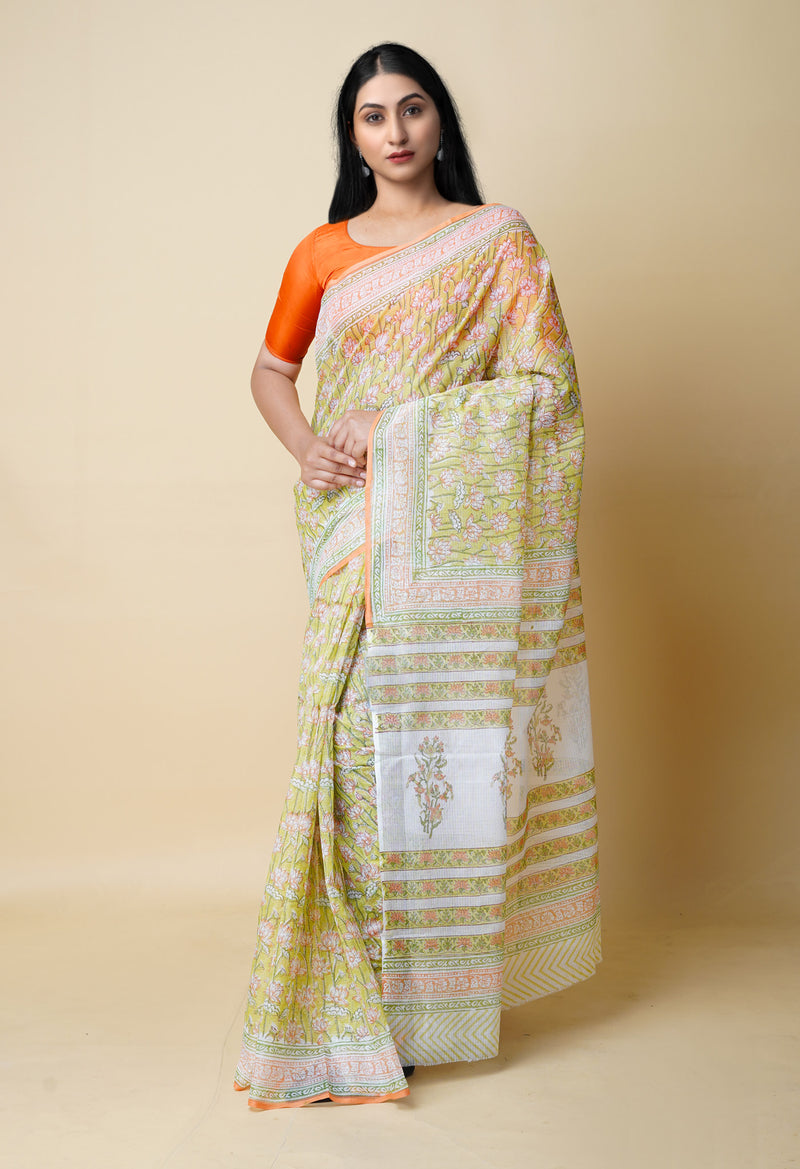 Green Pure  Block Printed Kota Cotton Saree With Cotton Blouse Piece-UNM73286