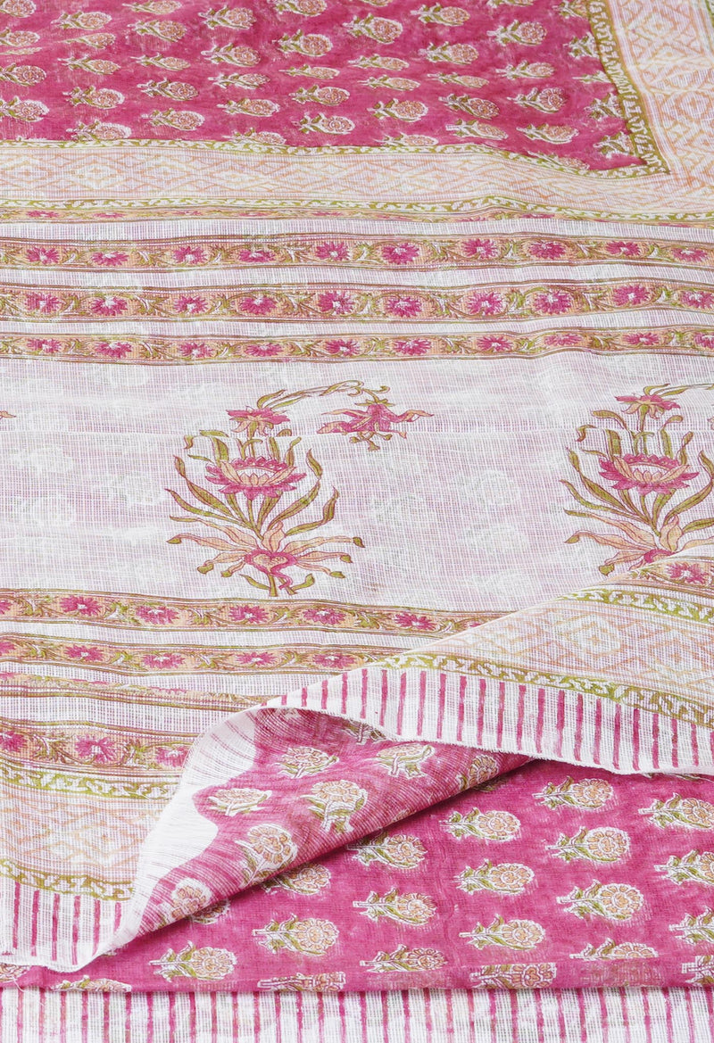 Pink Pure  Block Printed Kota Cotton Saree With Cotton Blouse Piece-UNM73288