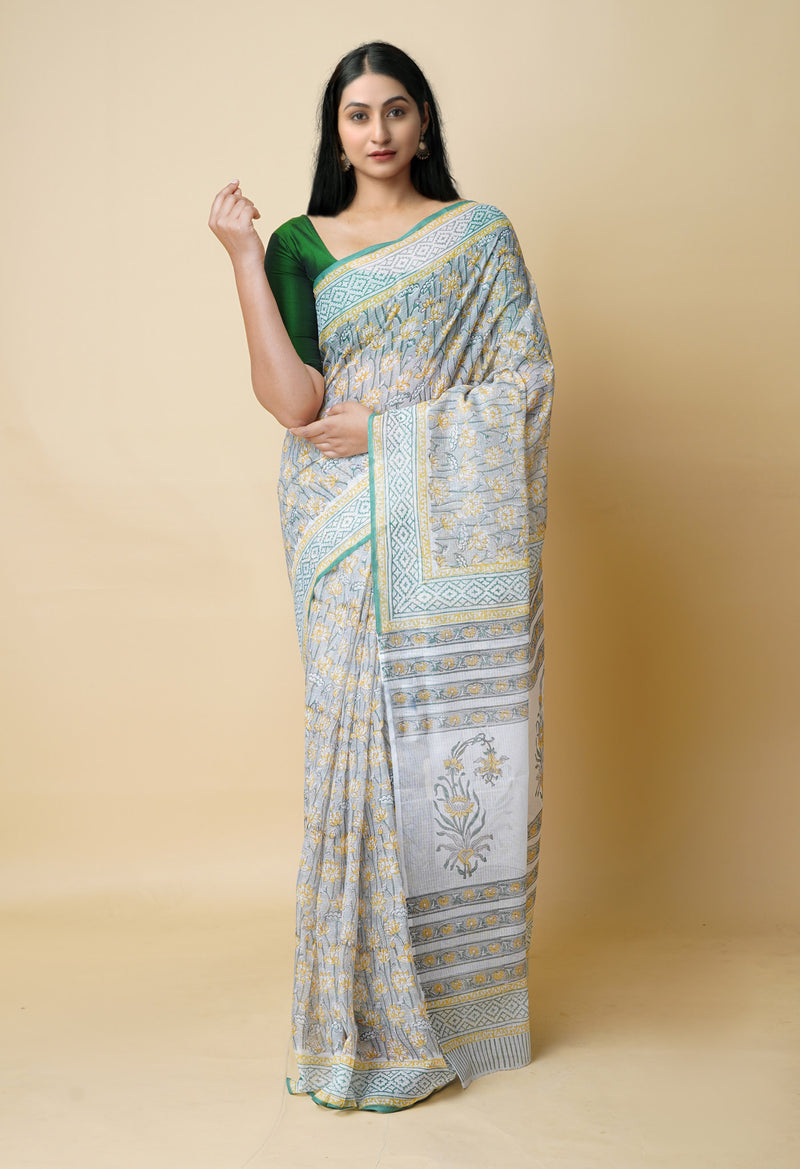 Grey Pure  Block Printed Kota Cotton Saree With Cotton Blouse Piece-UNM73289