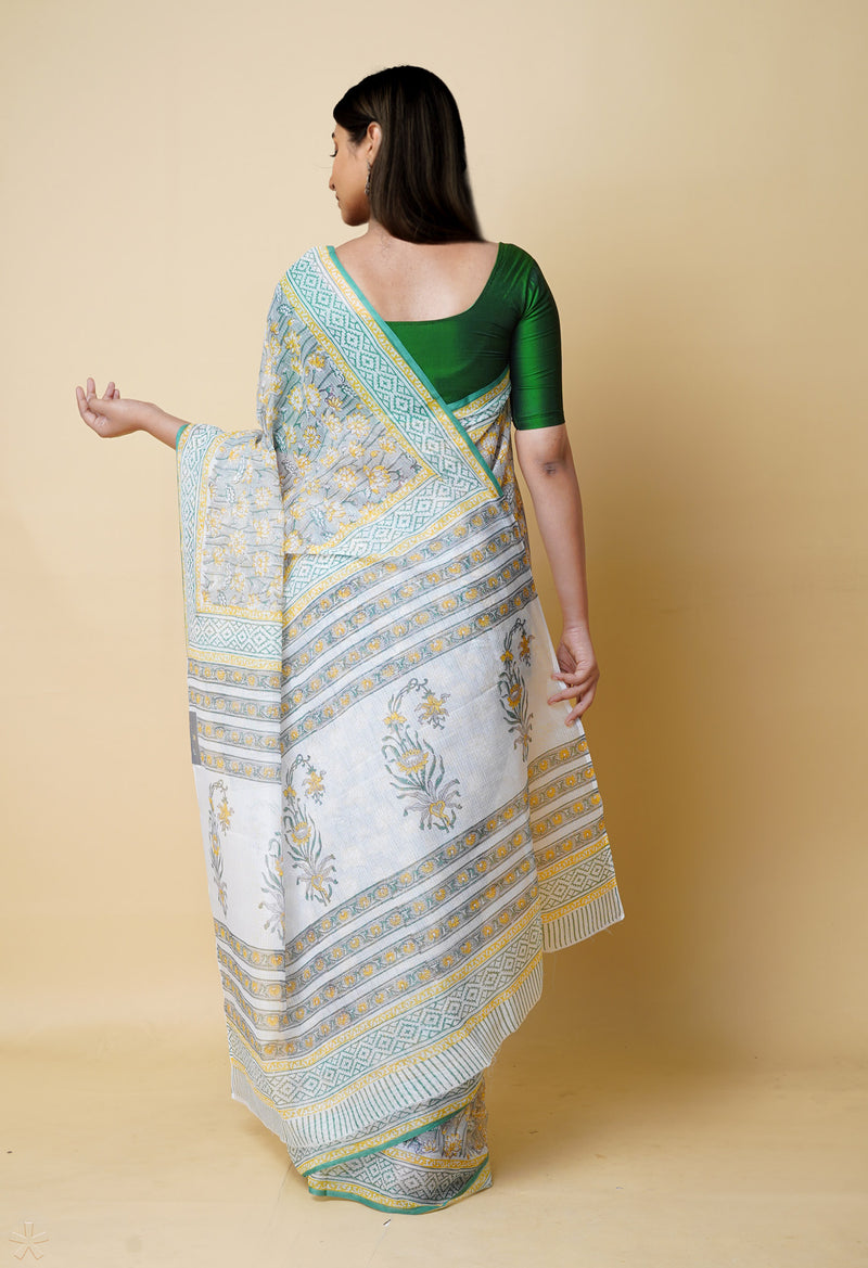Grey Pure  Block Printed Kota Cotton Saree With Cotton Blouse Piece-UNM73289