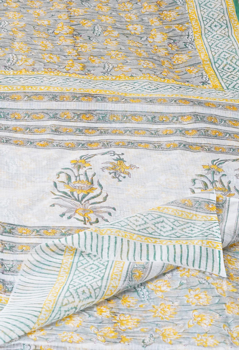 Grey Pure  Block Printed Kota Cotton Saree With Cotton Blouse Piece-UNM73289
