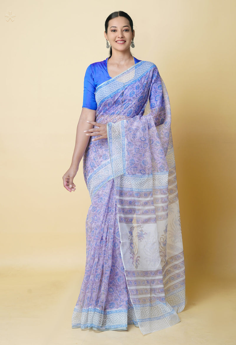 Purple Pure  Block Printed Kota Cotton Saree With Cotton Blouse Piece-UNM73291