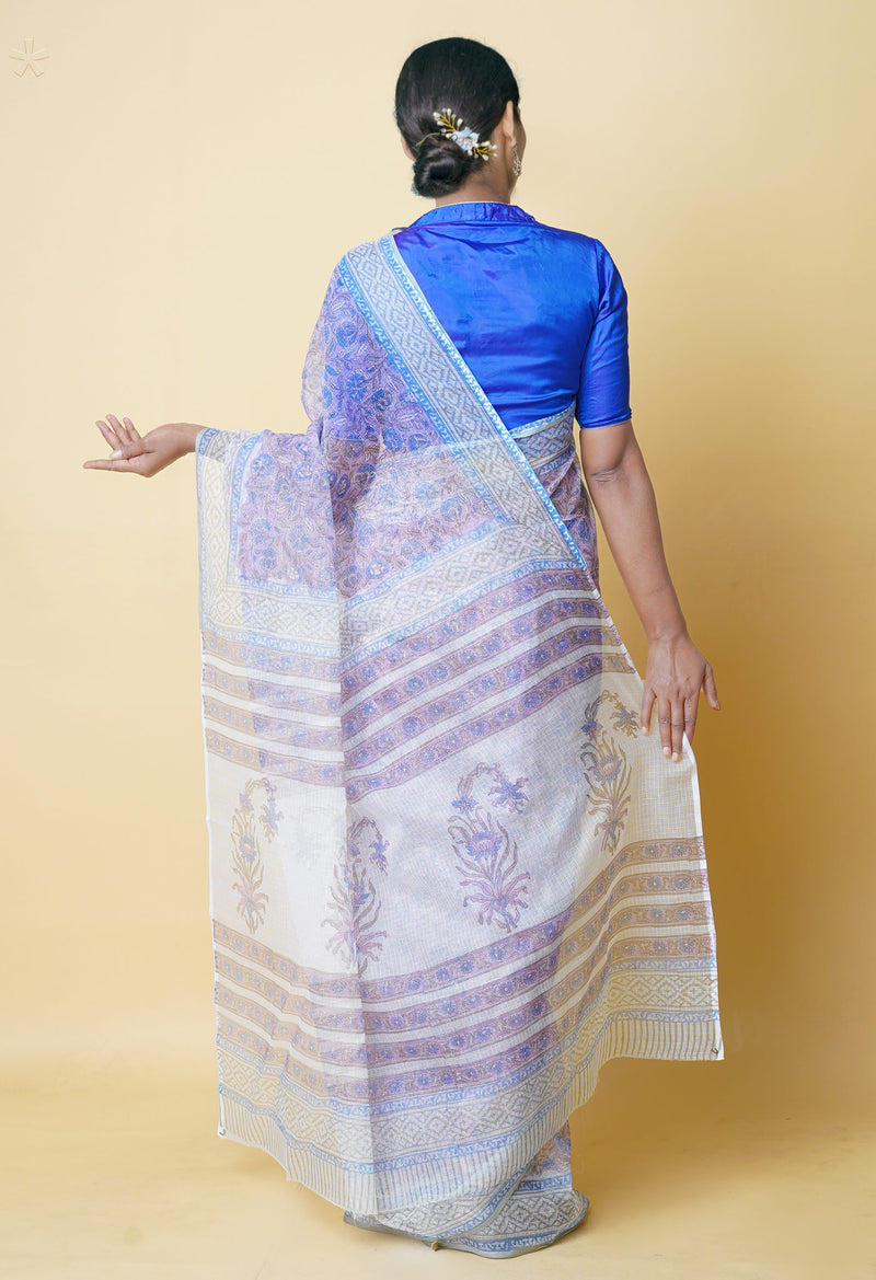 Purple Pure  Block Printed Kota Cotton Saree With Cotton Blouse Piece-UNM73291