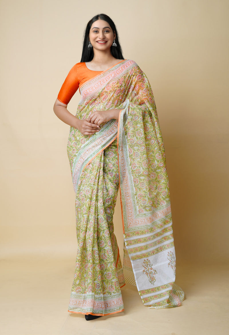 Green Pure  Block Printed Kota Cotton Saree With Cotton Blouse Piece-UNM73292
