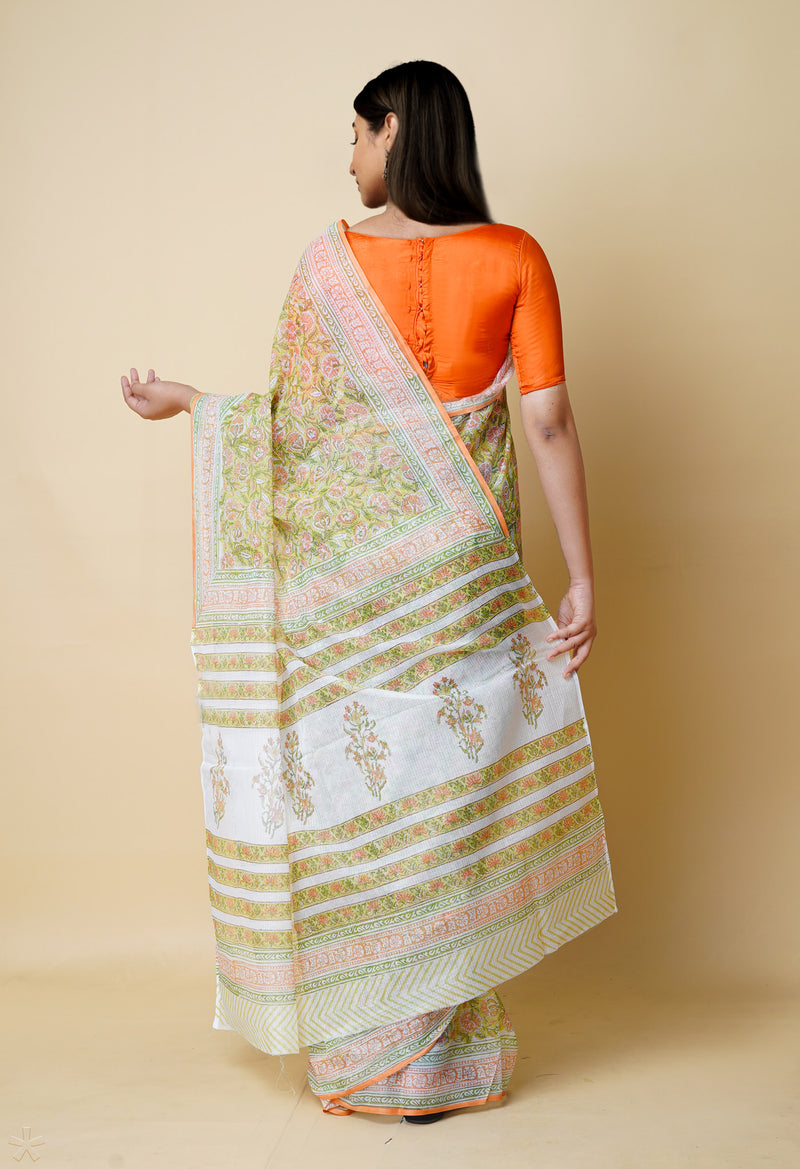 Green Pure  Block Printed Kota Cotton Saree With Cotton Blouse Piece-UNM73292