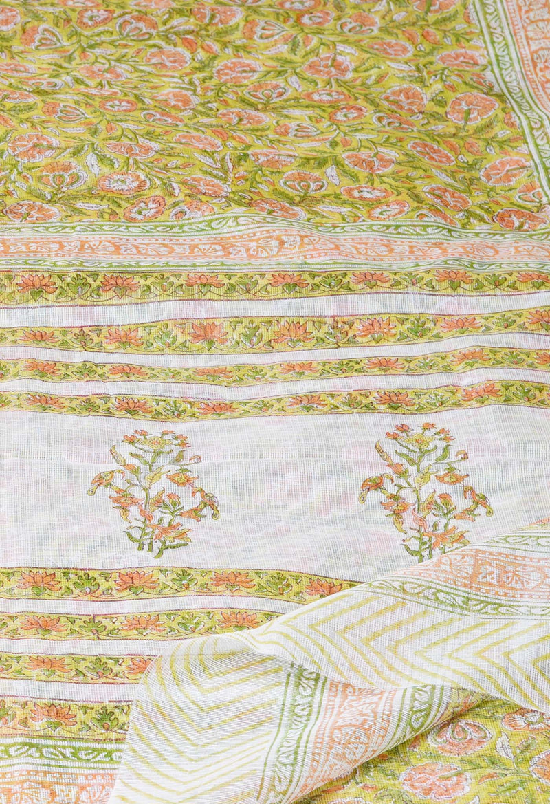 Green Pure  Block Printed Kota Cotton Saree With Cotton Blouse Piece-UNM73292