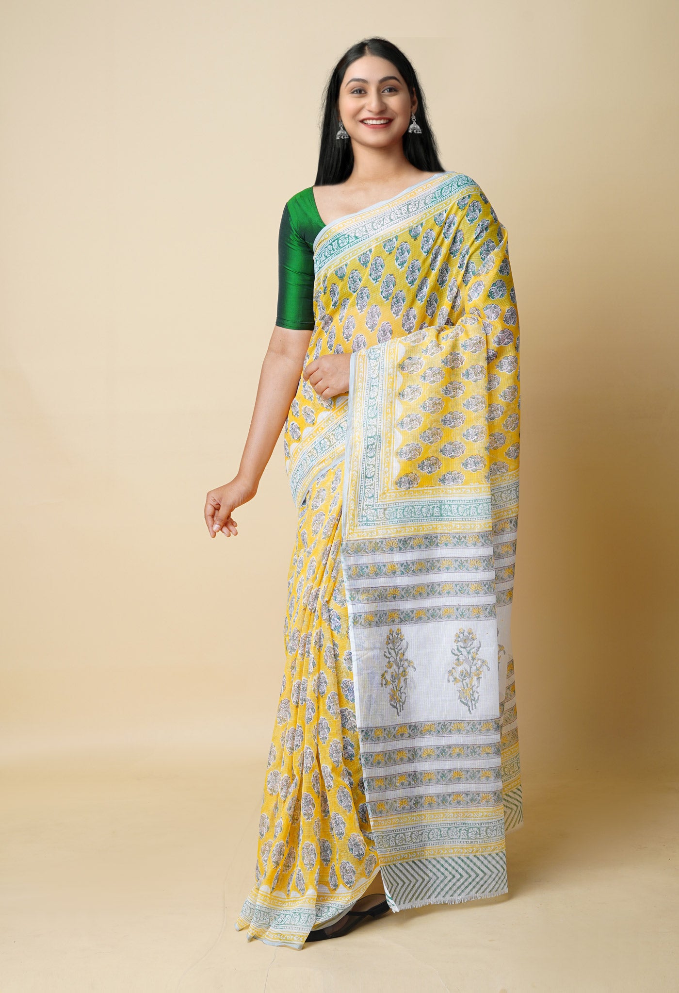 Yellow Pure Block Printed Kota Cotton Saree With Cotton Blouse Piece