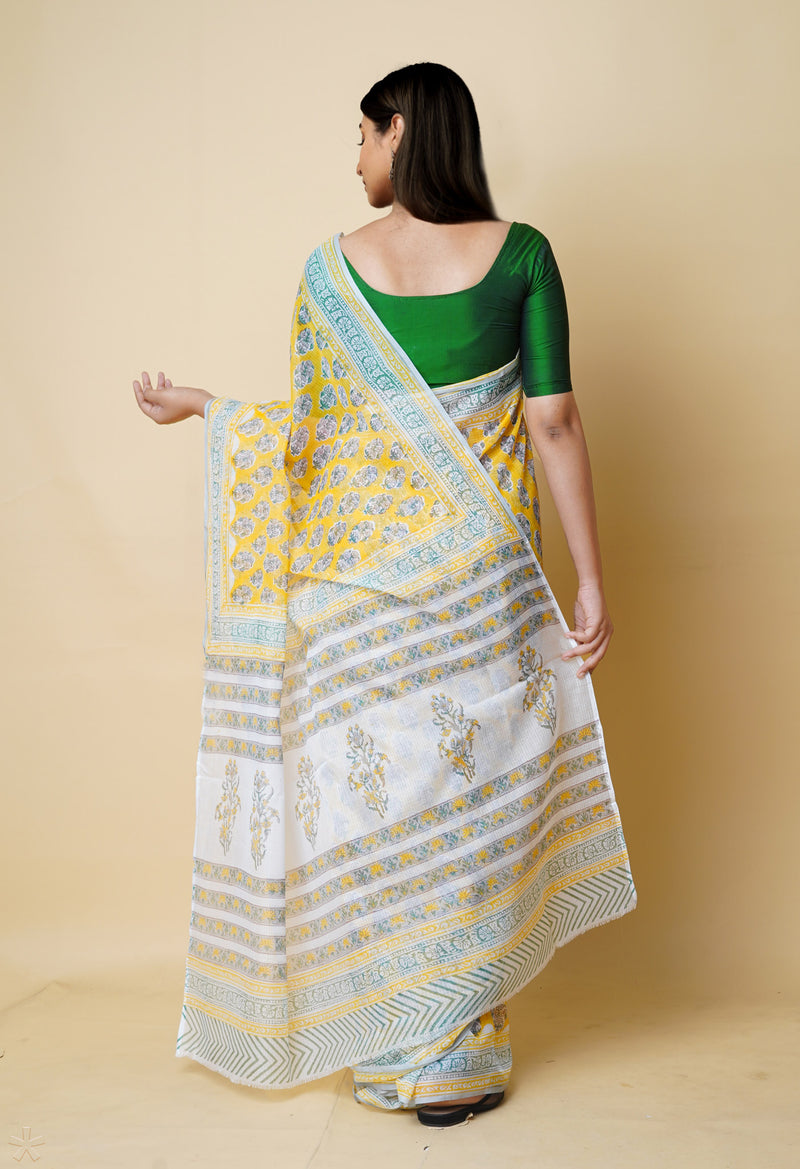 Yellow Pure  Block Printed Kota Cotton Saree With Cotton Blouse Piece-UNM73293