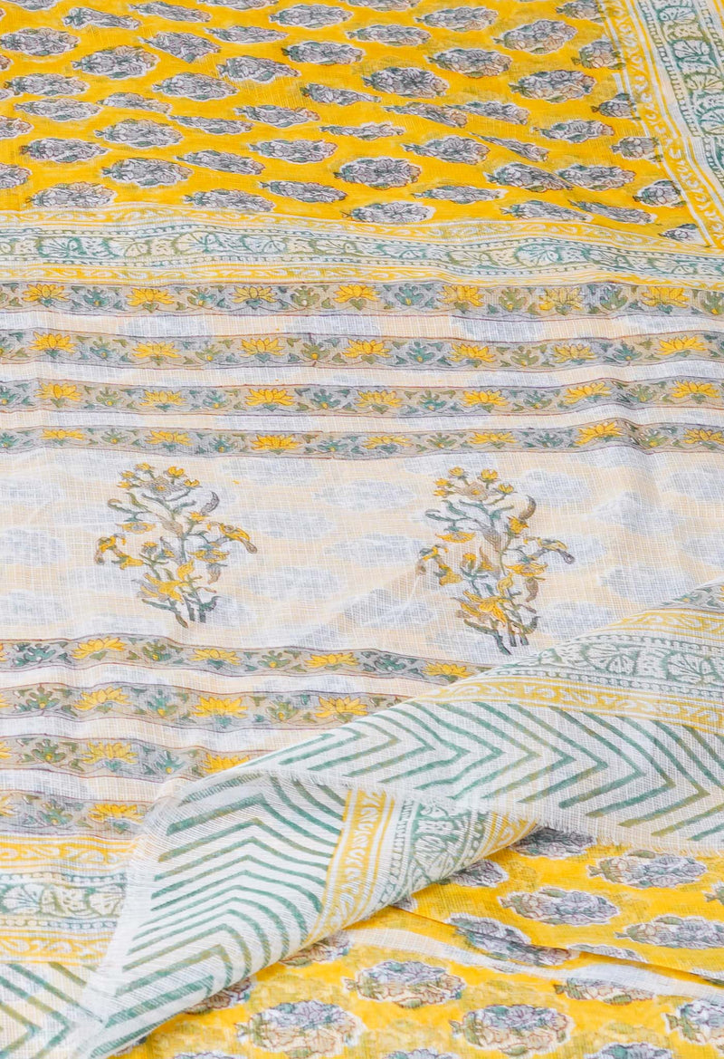Yellow Pure  Block Printed Kota Cotton Saree With Cotton Blouse Piece-UNM73293