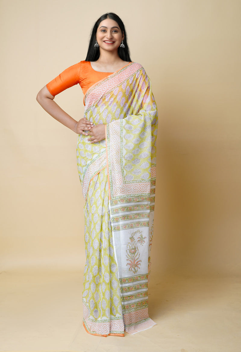 Green Pure  Block Printed Kota Cotton Saree With Cotton Blouse Piece-UNM73294