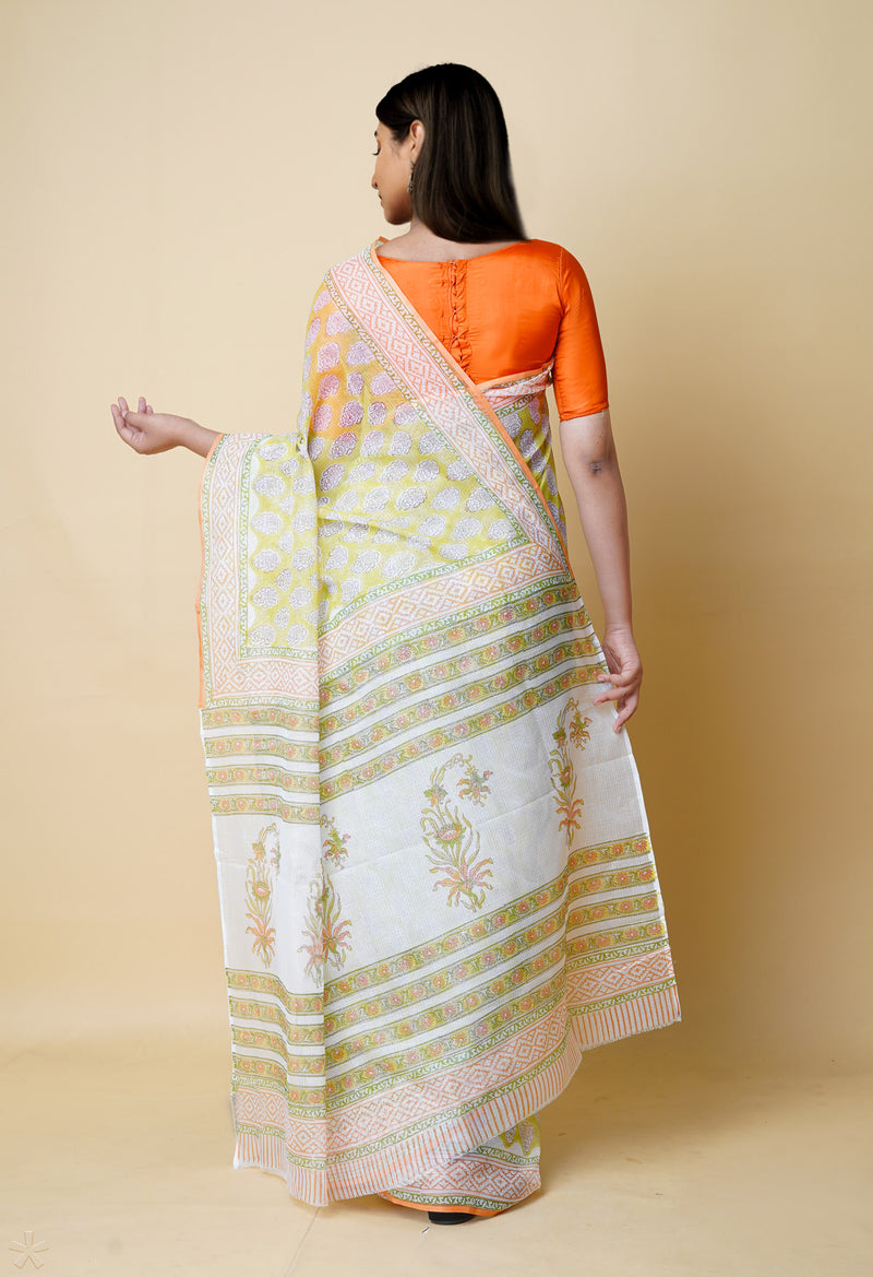 Green Pure  Block Printed Kota Cotton Saree With Cotton Blouse Piece-UNM73294
