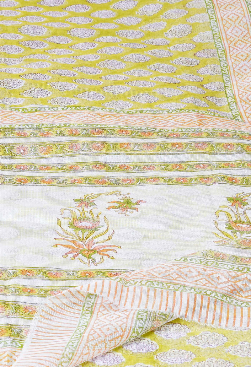 Green Pure  Block Printed Kota Cotton Saree With Cotton Blouse Piece-UNM73294