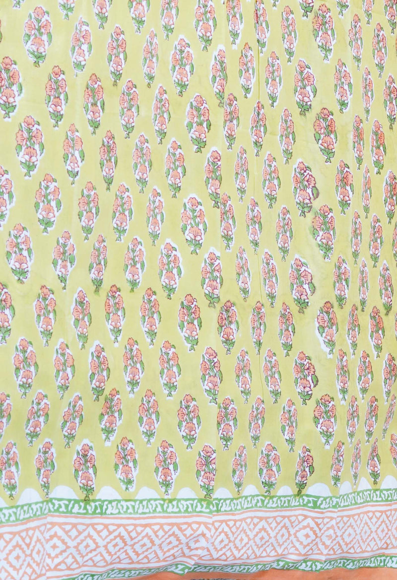 Green Pure  Block Printed Kota Cotton Saree With Cotton Blouse Piece-UNM73294