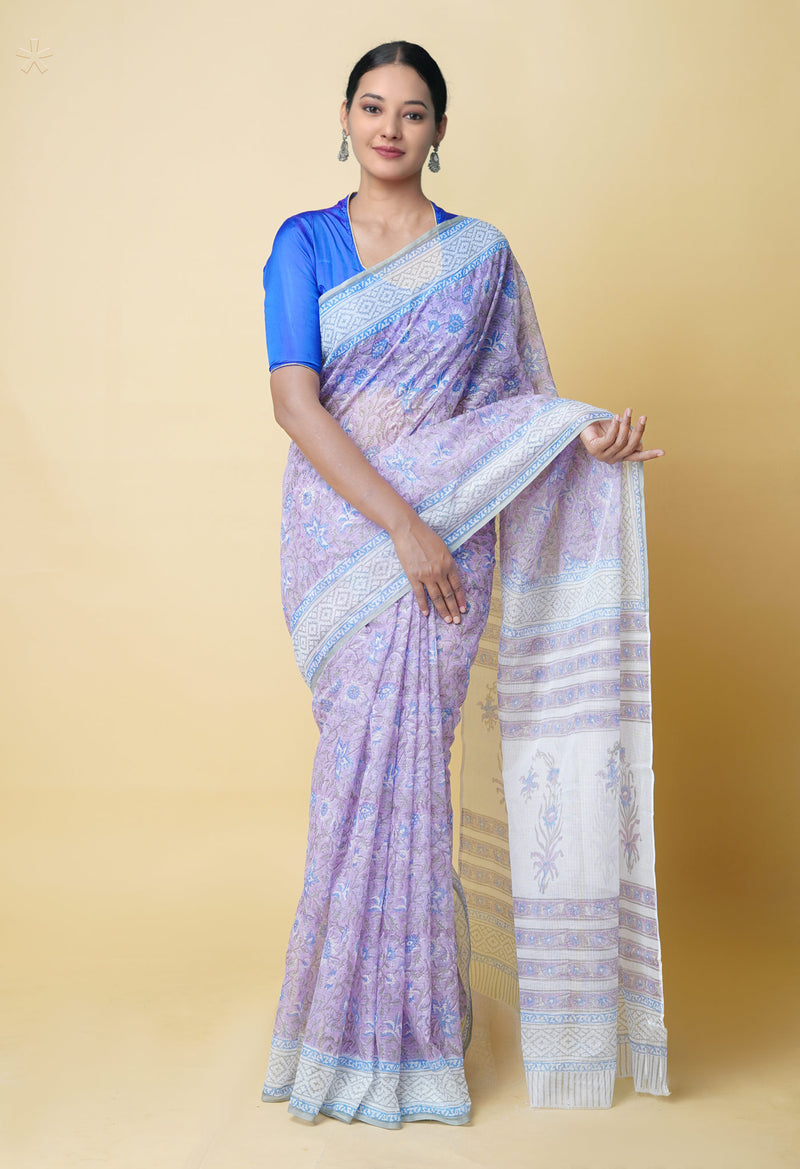 Purple Pure  Block Printed Kota Cotton Saree With Cotton Blouse Piece-UNM73295