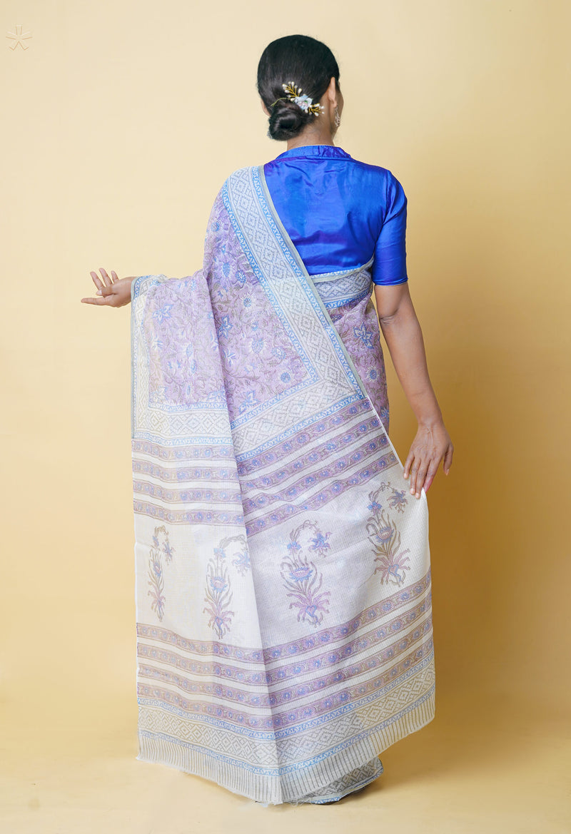 Purple Pure  Block Printed Kota Cotton Saree With Cotton Blouse Piece-UNM73295