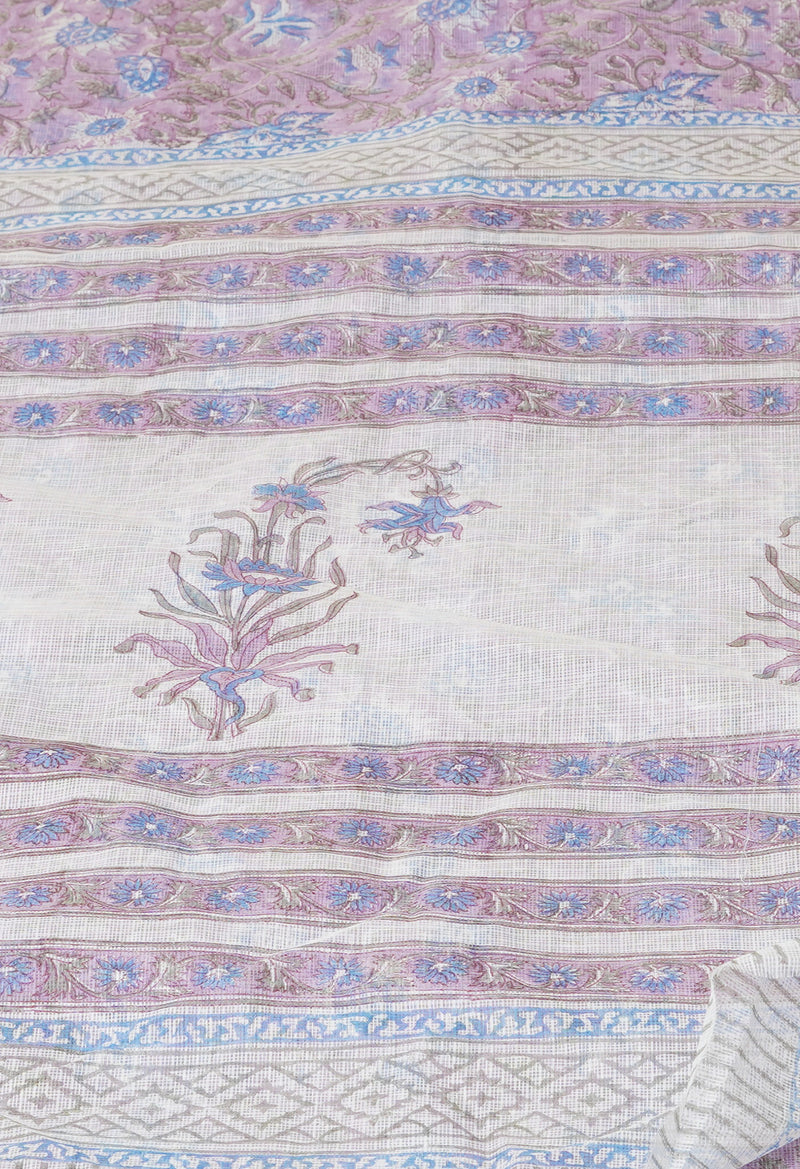 Purple Pure  Block Printed Kota Cotton Saree With Cotton Blouse Piece-UNM73295