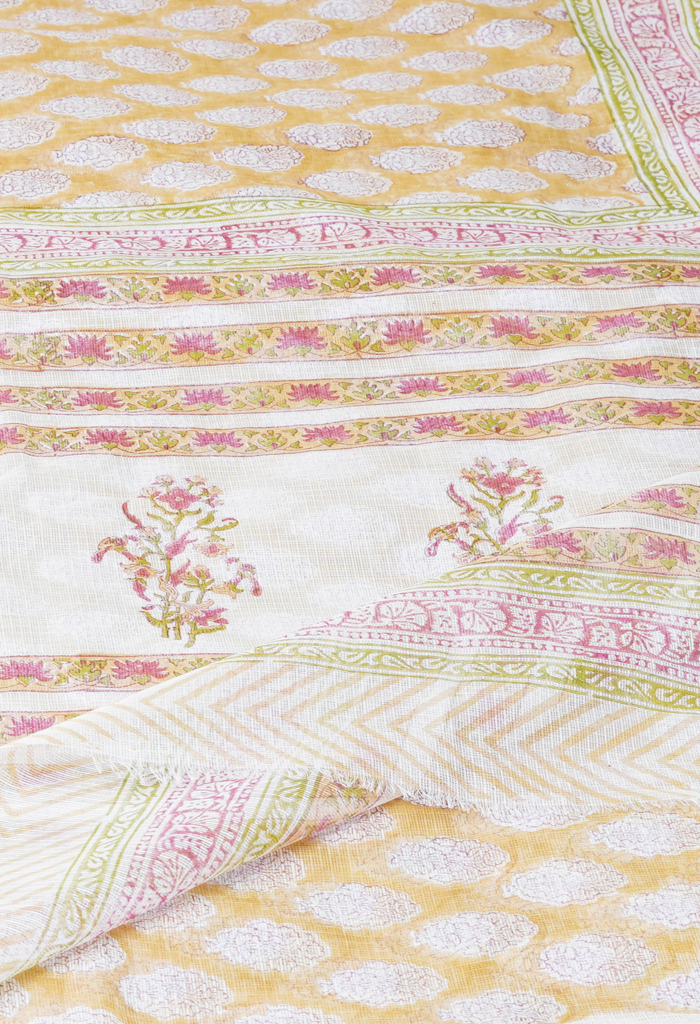 Cream Pure Block Printed Kota Cotton Saree With Cotton Blouse Piece