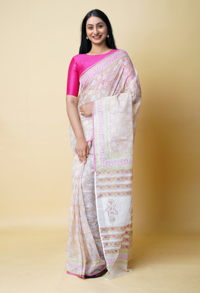 Cream Pure  Block Printed Kota Cotton Saree With Cotton Blouse Piece-UNM73298