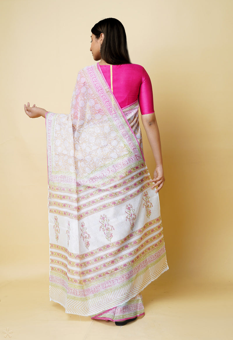 Cream Pure  Block Printed Kota Cotton Saree With Cotton Blouse Piece-UNM73298