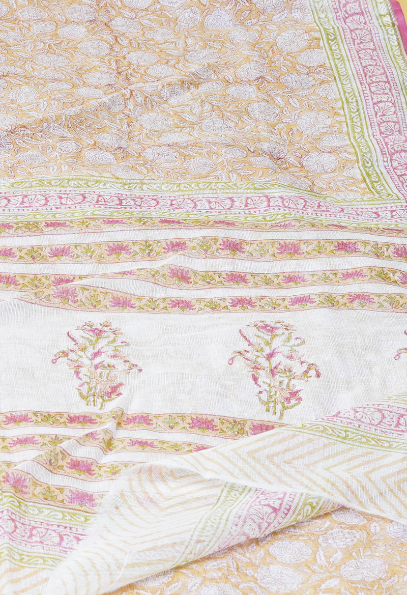 Cream Pure  Block Printed Kota Cotton Saree With Cotton Blouse Piece-UNM73298