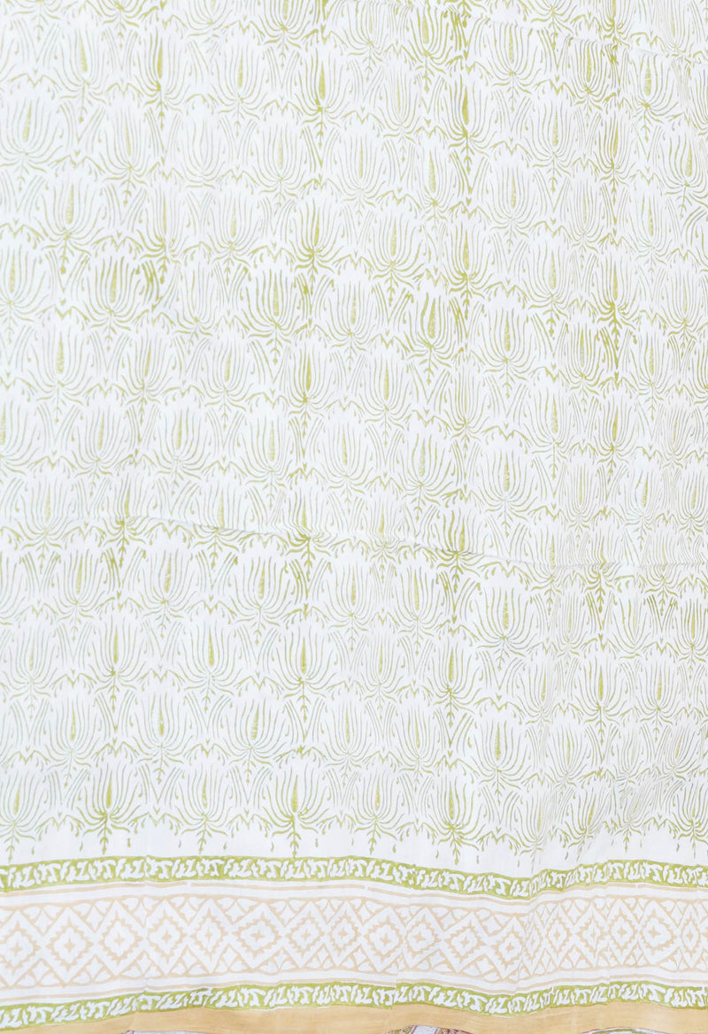 Cream Pure  Block Printed Kota Cotton Saree With Cotton Blouse Piece-UNM73298