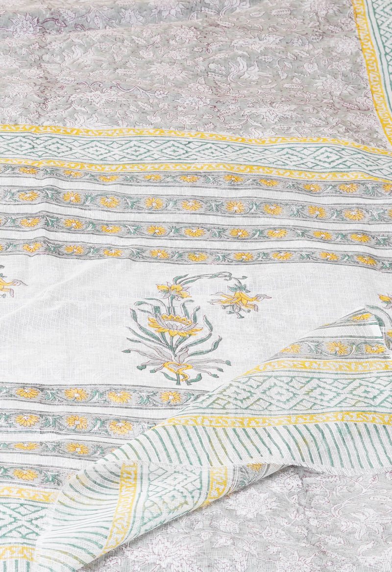 Grey Pure  Block Printed Kota Cotton Saree With Cotton Blouse Piece-UNM73299