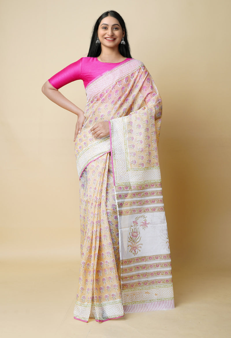 Cream Pure  Block Printed Kota Cotton Saree With Cotton Blouse Piece-UNM73300
