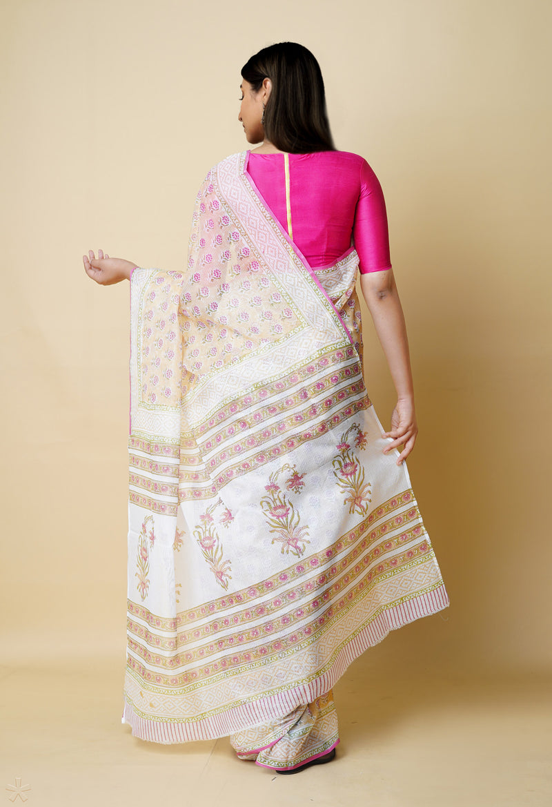 Cream Pure  Block Printed Kota Cotton Saree With Cotton Blouse Piece-UNM73300