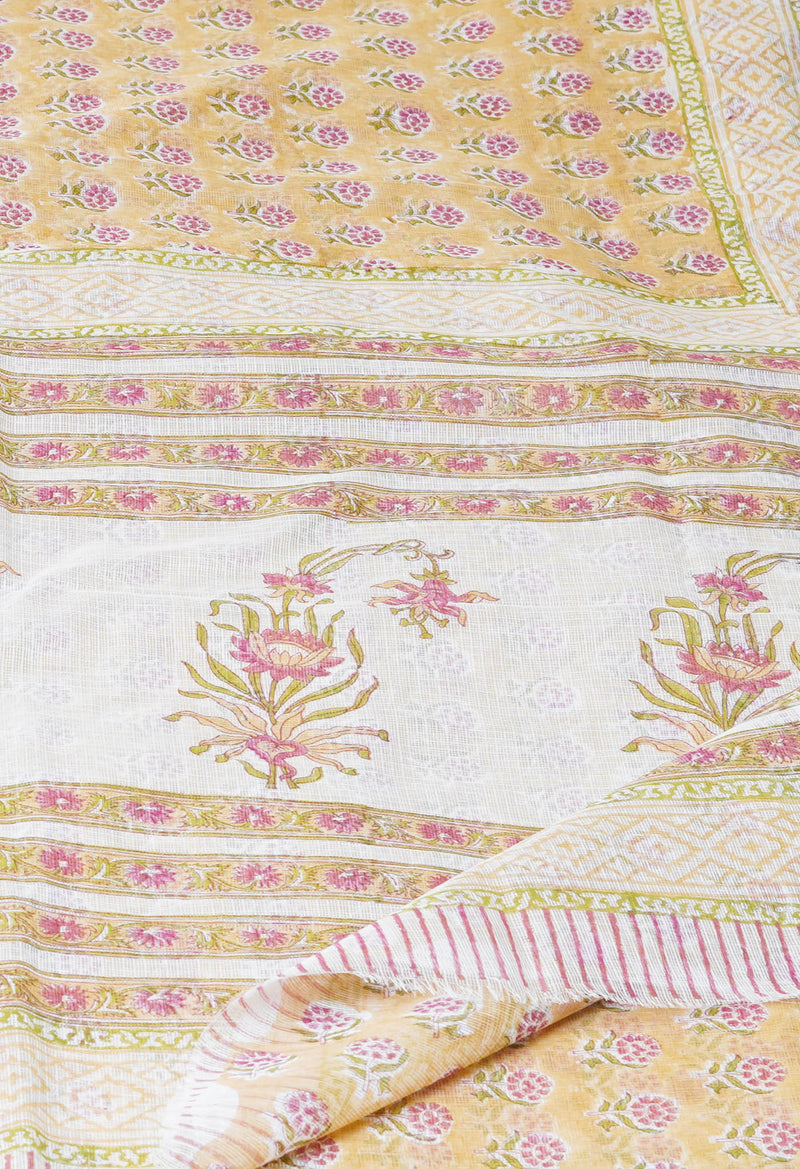 Cream Pure  Block Printed Kota Cotton Saree With Cotton Blouse Piece-UNM73300